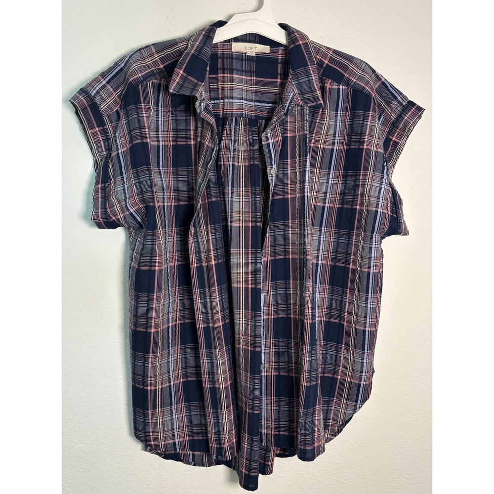 Loft‎ Womens XXL Navy Pink Plaid Short Sleeve Button Down Shirt High Low Hem